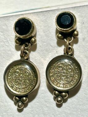 Virgin Saints & Angels Gold Tone Garnet Stone Drop Earrings EUC RARE